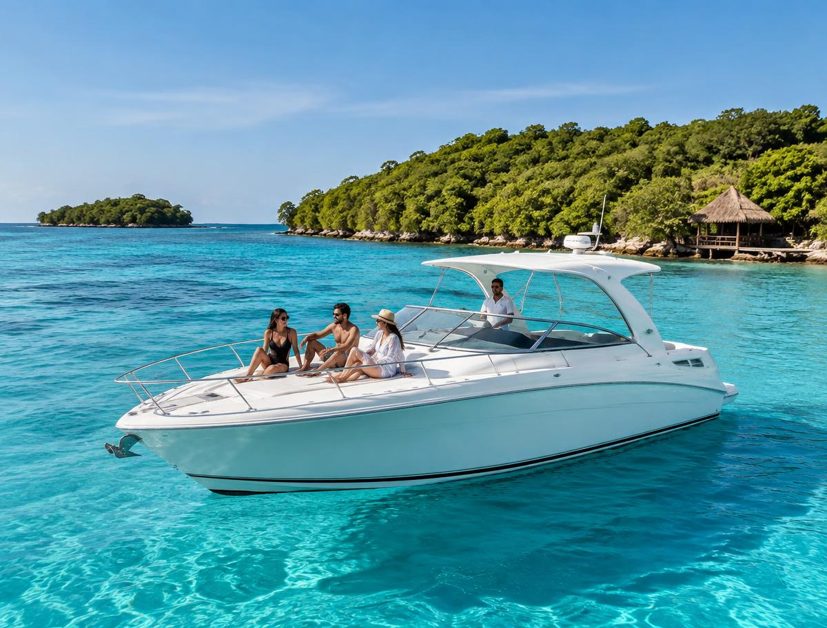 Bote privado navegando junto a una isla del Caribe colombiano